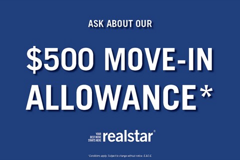 A blue advertisement for a $500 move-in allowance from Realstar.