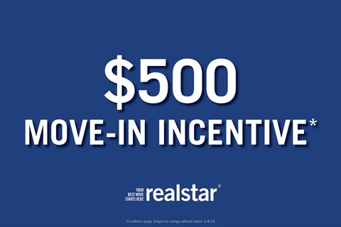 A blue background with "$500 MOVE-IN INCENTIVE" written in white text.