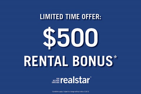 A blue advertisement for a $500 rental bonus from Realstar.