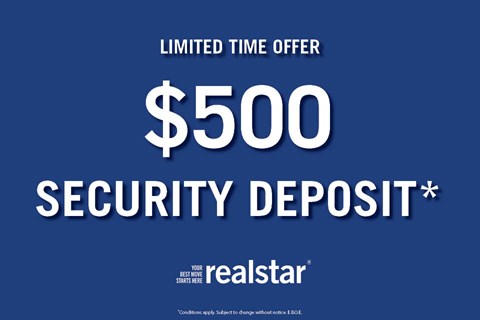 A blue advertisement for a $500 security deposit offer.