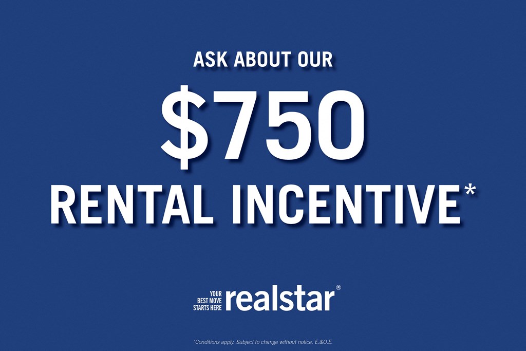 A blue advertisement for a $750 rental incentive from Realstar.