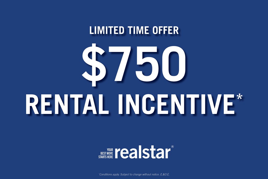 A blue advertisement for a $750 rental incentive from Realstar.