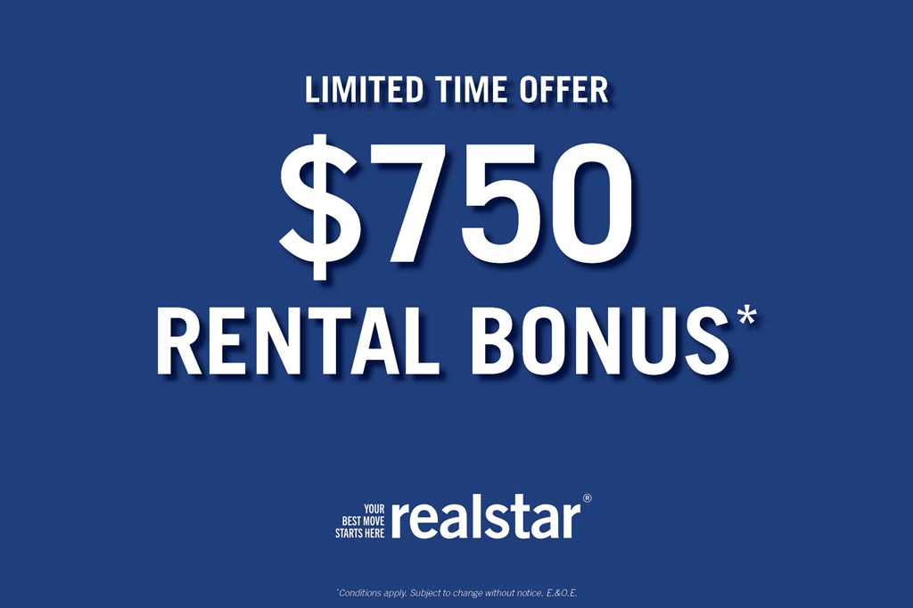 A blue advertisement for a $750 rental bonus from Realstar.