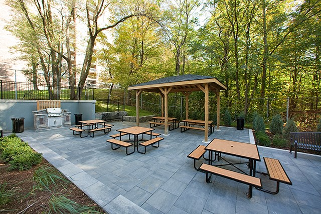 Brookbanks Apartments in Toronto, ON patio and BBQ area with picnic tables