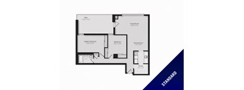 Floor plan of 2 bed, 1 bath, open concept apartment with balcony access at 190 Cityview Apartments in Brampton, ON