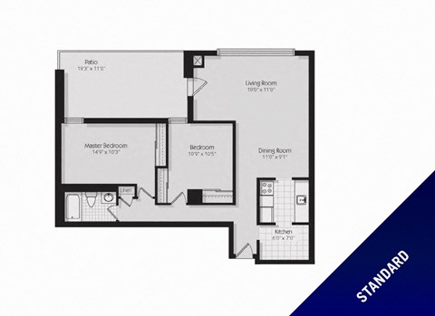 Floor plan of 2 bed, 1 bath, open concept apartment with balcony access at 190 Cityview Apartments in Brampton, ON