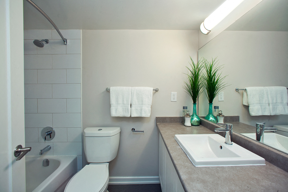190 Cityview in Brampton, ON Full bathroom with green plant next to the wide mirror and under the light strip