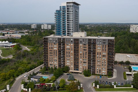 190 Cityview in Brampton, ON drone view of front exterior of building