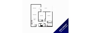 Floor plan of 2 bed, 1 bath, open concept with in-suite laundry apartment with balcony access at 190 Cityview Apartments in Brampton, ON