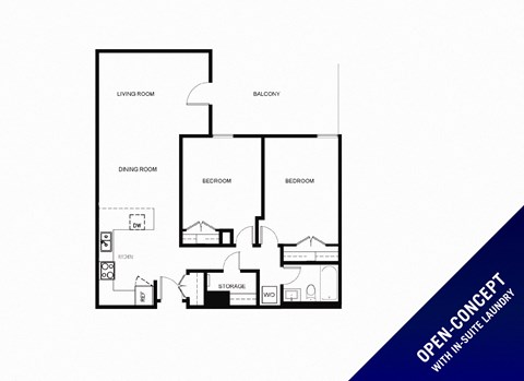 Floor plan of 2 bed, 1 bath, open concept with in-suite laundry apartment with balcony access at 190 Cityview Apartments in Brampton, ON