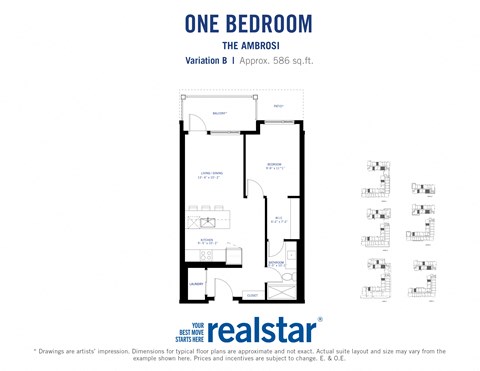 a floor plan of one bedroom one bathroom apartment at The Ambrosi in Kelowna BC