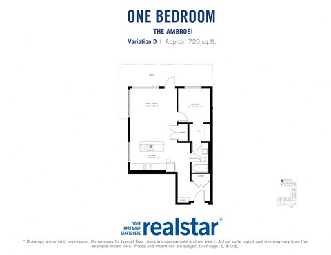 the floor plan of one bedroom apartment