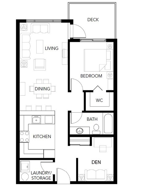 A black and white floor plan of a house with labeled rooms.