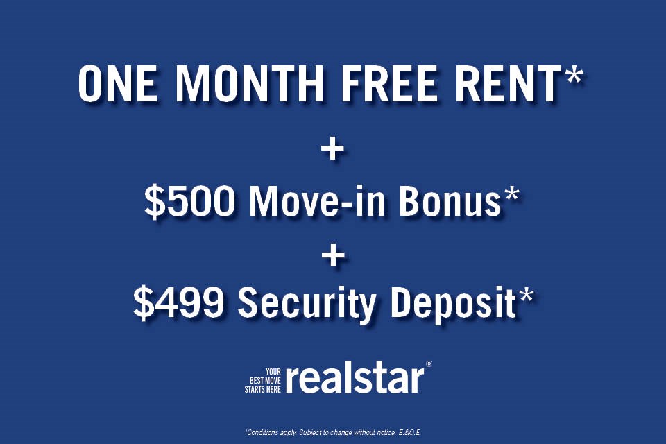 A promotional offer for a free month of rent, a $500 move-in bonus, and a $499 security deposit from Realstar.