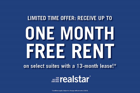 A promotional image for realstar offering up to one month free rent on select suites with a 13-month lease.