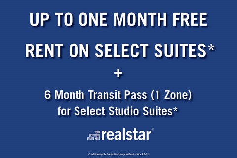 A promotional image for realstar offering free rent and transit pass for select suites.