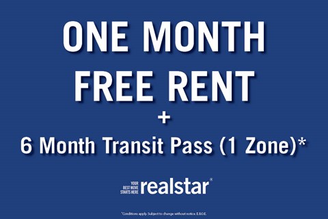 A blue advertisement for a one month free rent and a 6 month transit pass.