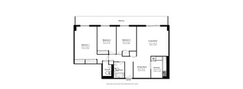 A floor plan of a house with a living room, dining room, kitchen, and three bedrooms.