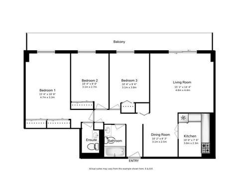 A floor plan of a house with a living room, dining room, kitchen, and three bedrooms.