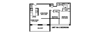A floor plan of a 2 bedroom apartment.
