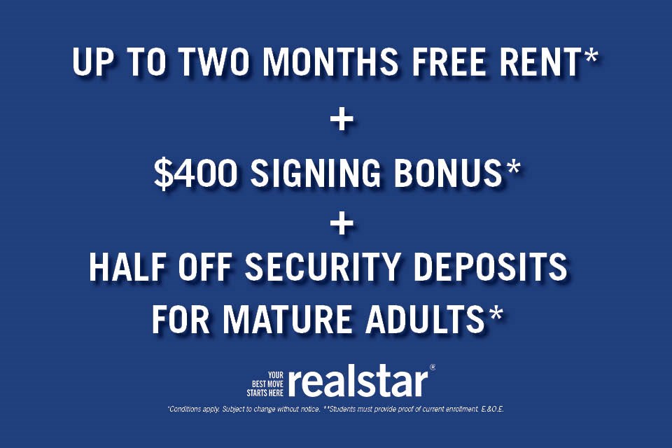 A promotional image for realstar offers up to two months free rent, a $400 signing bonus, and half off security deposits for mature adults.