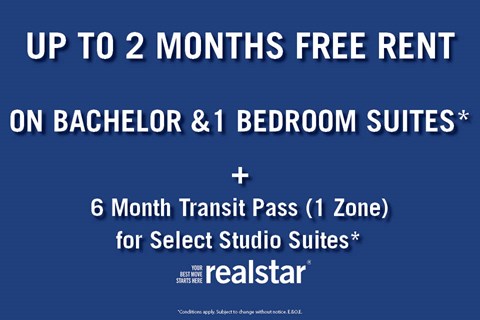 An advertisement for free rent and a transit pass for select studio suites.