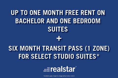 A promotional image for Realstar offers free rent on bachelor and one bedroom suites, and a six month transit pass for select studio suites.