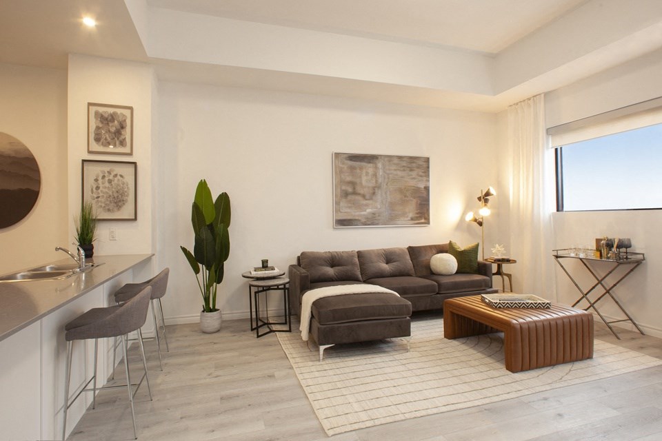 Living room in a north-facing one bedroom apartment at Bayfield Tower Apartments in Barrie, ON