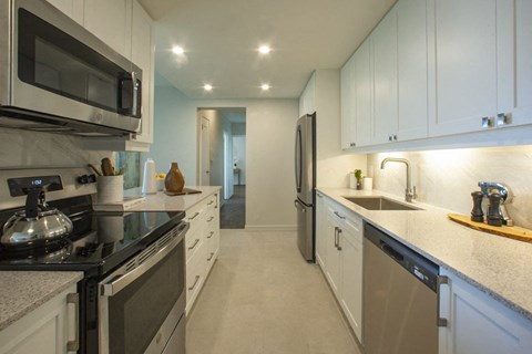 a kitchen with a stove sink and refrigerator