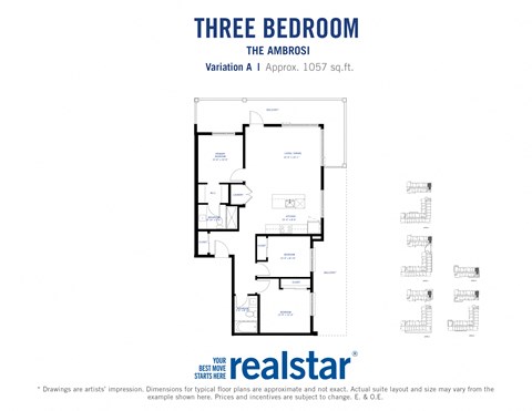 a floor plan of three bedroom apartment