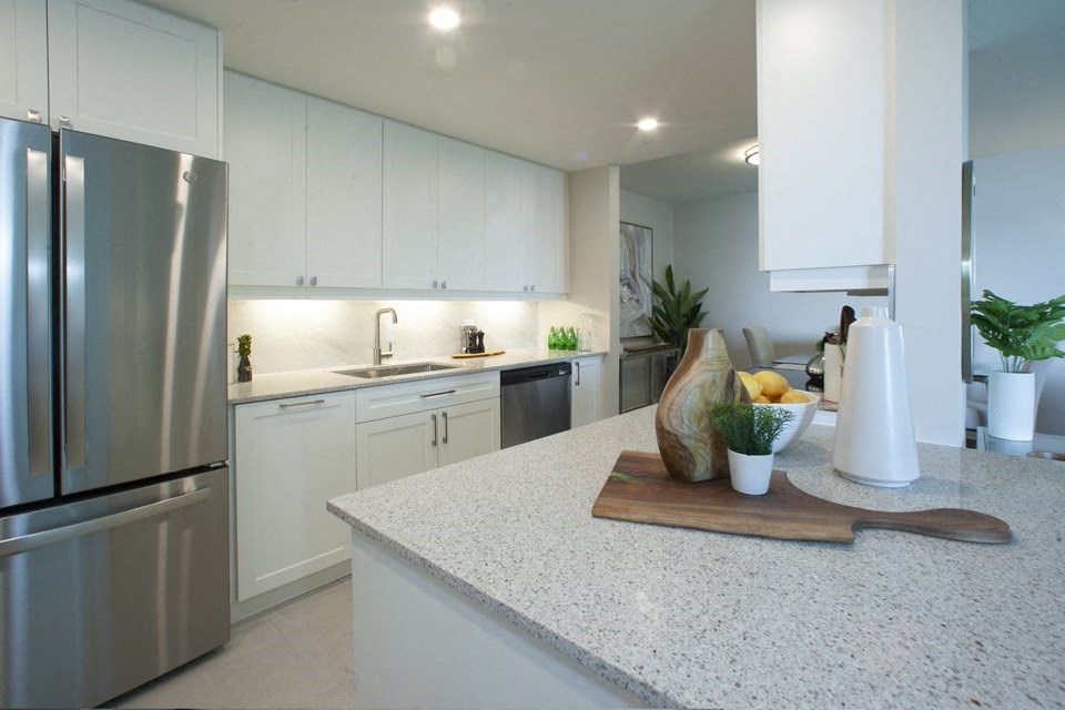 La Salle Towers kitchen featuring island in Burlington, ON