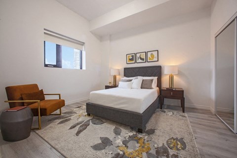 Bedroom in a ground floor one bedroom apartment at Bayfield Tower Apartments in Barrie, ON