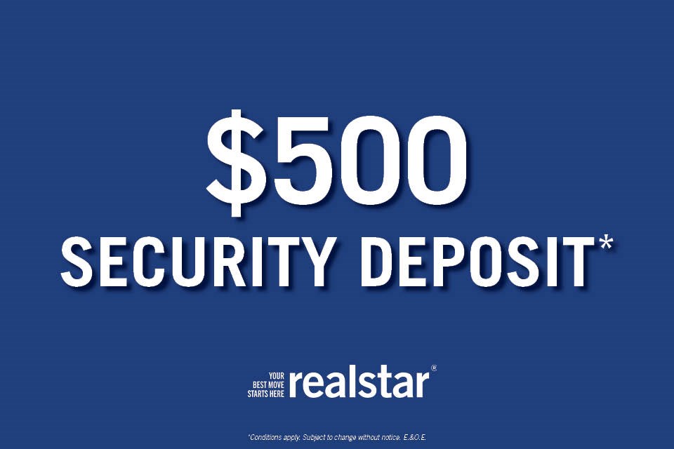 A blue background with "$500 SECURITY DEPOSIT" and "realstar" written on it.