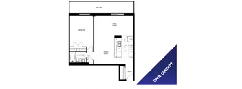 One bedroom, one bathroom open-concept apartment layout at St. Lawrence Village in St. Catharines