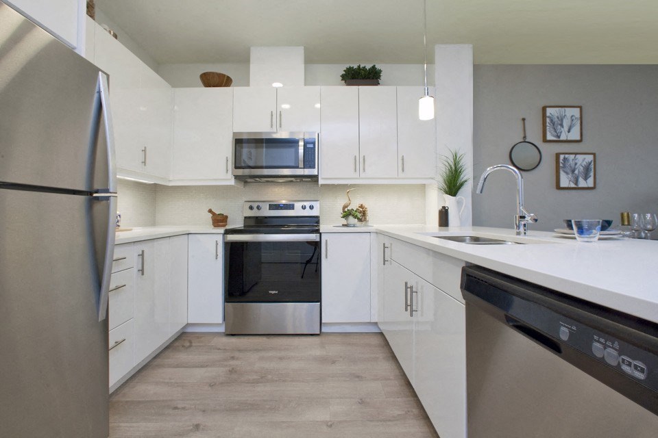 Watson Park Apartments open concept kitchen featuring stainless steel appliances in Guelph, ON