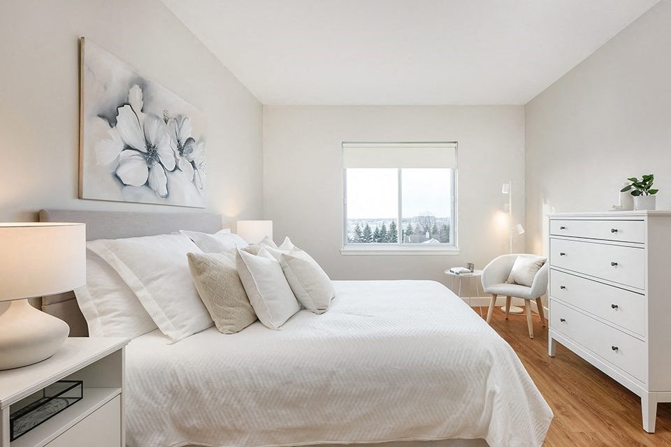 Bourg Du Village primary bedroom with sliding glass window and black-out blinds in Sainte Therese, QC