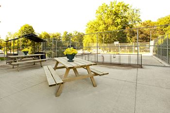 BBQ Area  with a picnic table in a park with a tennis court at Somerset in London, ON