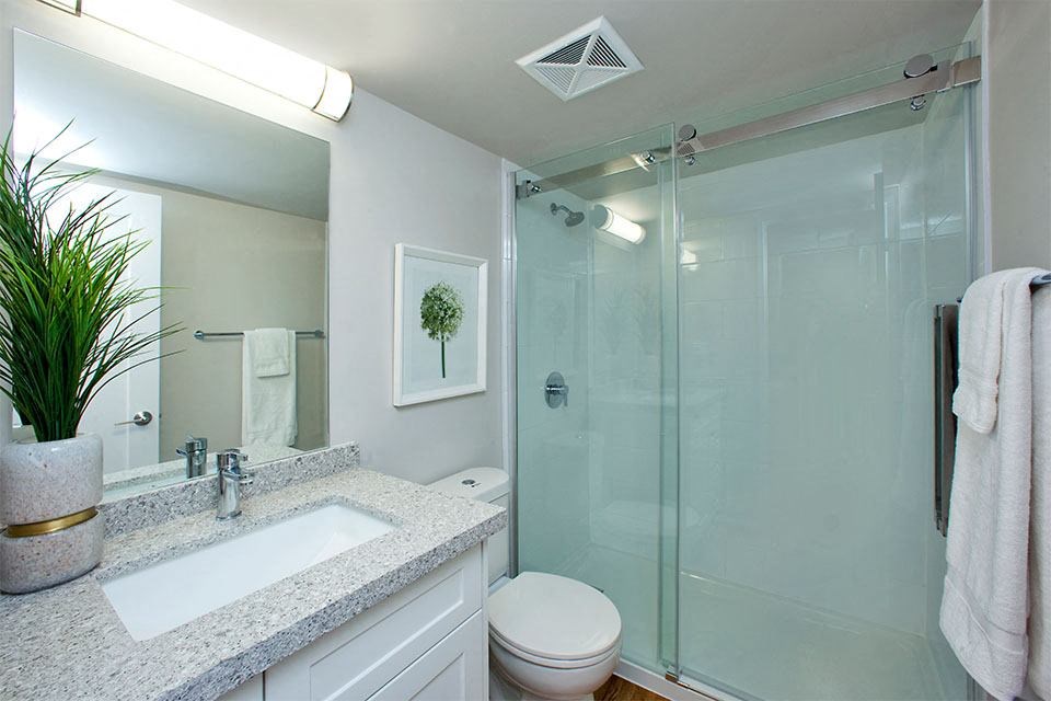 Royal Rose in Etobicoke, ON bathroom with stand up shower and upgraded cabinetry