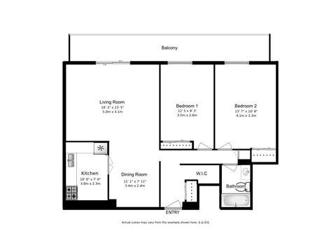 A floor plan of a house with a living room, two bedrooms, a kitchen, a dining room, a bathroom, and a W.I.C.
