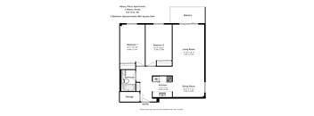 A floor plan for Albany Place Apartments shows two bedrooms, a living room, a dining room, a kitchen, a bathroom, and storage.