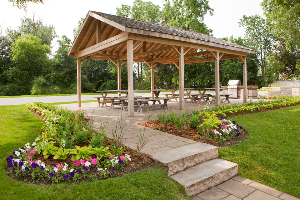 Acton Apartments gazebo with beautifully landscaped grounds in Acton, ON