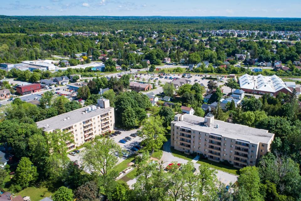 Drone image of Acton Apartments in Acton, ON