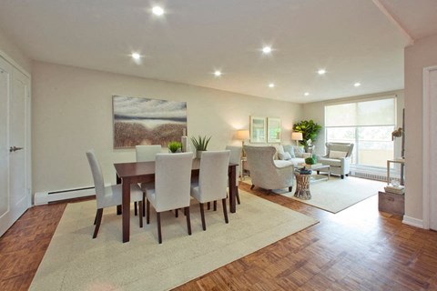 Acton Apartments open concept dining area with view of living room in Acton, ON