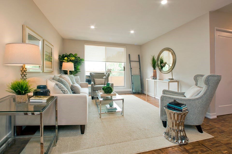 Acton Apartments large, bright living room with access to balcony in Acton, ON