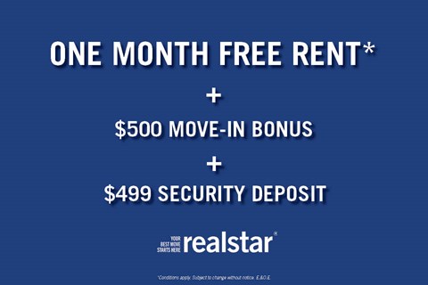 A promotional image for realstar offering a one month free rent, $500 move-in bonus, and $499 security deposit.