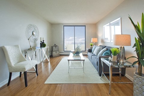 Albany Place spacious living room with access to balcony in Fort Erie, ON