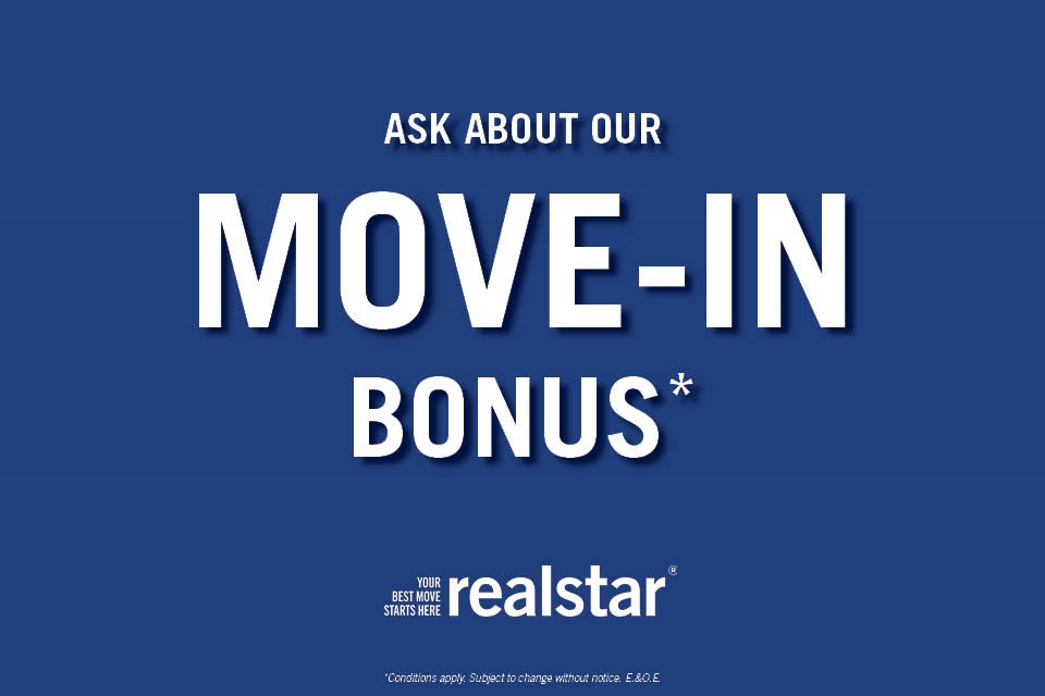 A blue background with the text "ASK ABOUT OUR MOVE-IN BONUS" and the Realstar logo.