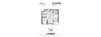 A floor plan for a two bedroom apartment with a living room, dining room, kitchen, and bathroom.