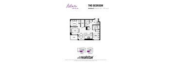 A floor plan for a two bedroom apartment with a living room, kitchen, and bathroom.