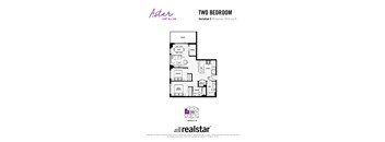 A floor plan for a two bedroom apartment with a balcony, dining room, living room, kitchen, and bathroom.